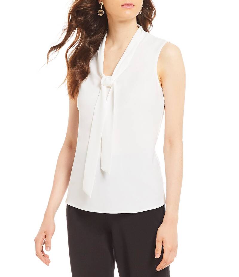 カスパール レディース トップス シャツ Vネック クレープ ノースリーブ Kasper Tie V-Neck Sleeveless Crepe de Chine Top White ホワイト