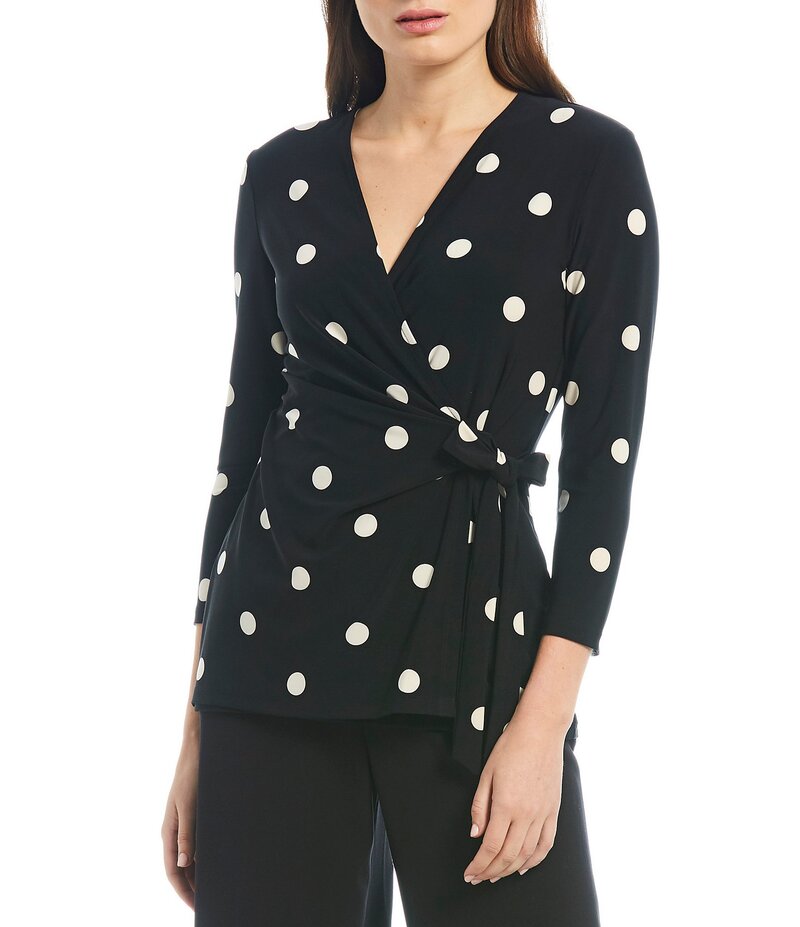 アンクライン レディース トップス シャツ ドット柄 Vネック ドット プリント ニット ジャージー Anne Klein Knit Jersey Polka Dot Print V-Neck 3/4 Sleeve Faux-Wrap Top Black/White ホワイト