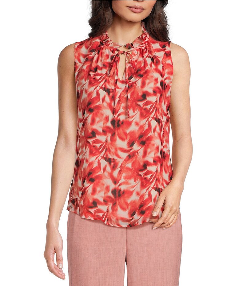 アンクライン レディース トップス シャツ プリント フリル ノースリーブ ブラウス Anne Klein Printed Ruffle Mock Tie Neck Sleeveless Blouse Red Pear/Anne White Multi ホワイト｜ReVida 店