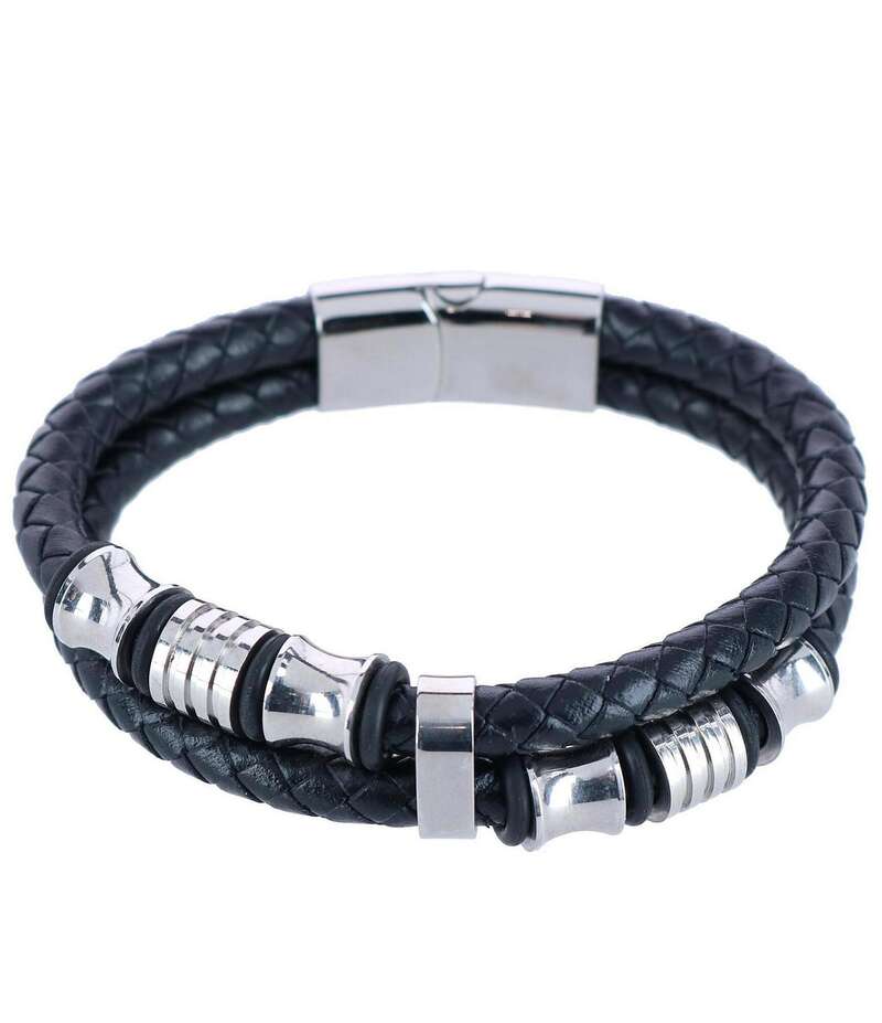 トラファルガー メンズ アクセサリー ブレスレット・バングル・アンクレット レザー Trafalgar Silver And Leather 2-Band Leather Bracelet Black Silver ブラック