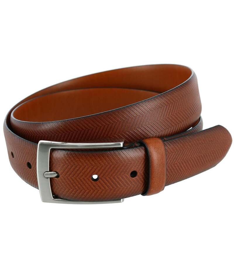 トラファルガー メンズ 付属品 胴締め なめし革 Trafalgar Gregorio Herringbone Embossed Feather Edged Leather Belt Cognac