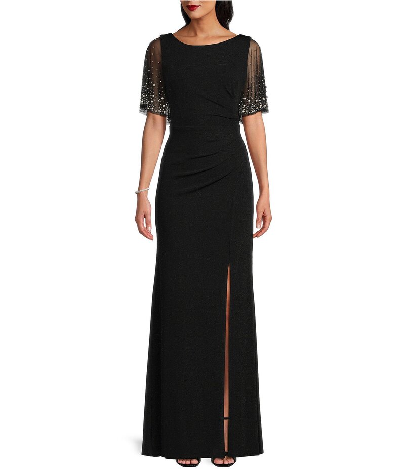 アレックスイブニングス レディース トップス ワンピース A ライン フロントスリット ギャザー トール Alex Evenings Metallic Embellished Flutter Short Sleeve Boat Neck Ruched Waist Front Slit A-Line Gown Black ブラック