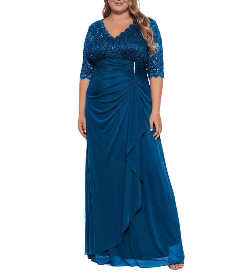 ベッツィアンドアダム レディース トップス ワンピース Vネック プラスサイズ スパンコール レース Betsy & Adam Plus Size Sequin Lace V-Neck 3/4 Sleeve Gown Peacock 41,470円