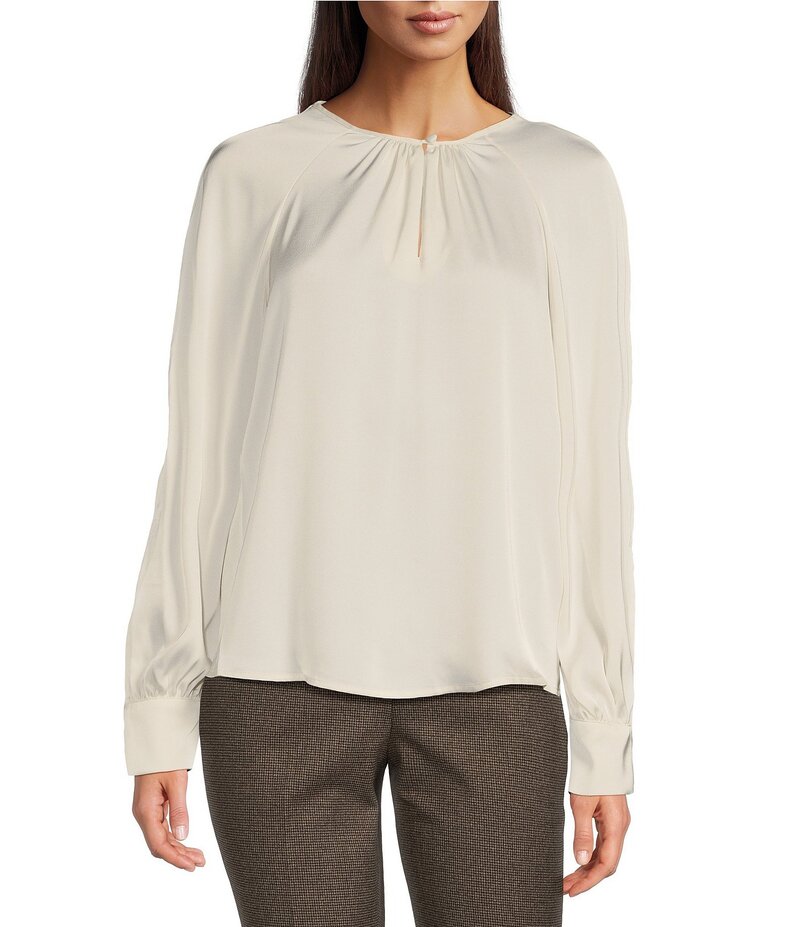 カルバンクライン レディース トップス シャツ クルーネック プチ プリーツ ブラウス Calvin Klein Petite Size Woven Pleated Keyhole Crew Neck Long Sleeve Blouse Cream クリーム
