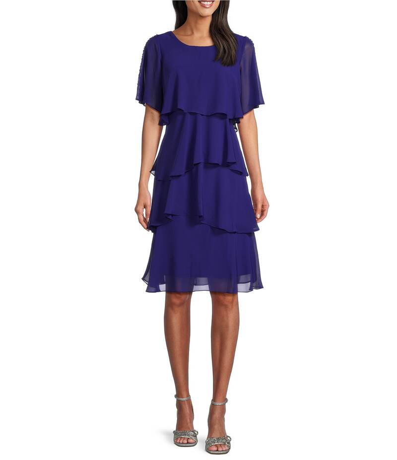イグナイト レディース トップス ワンピース ティアード シフォン Ignite Evenings Short Sleeve Chiffon Tiered Shift Dress Iris
