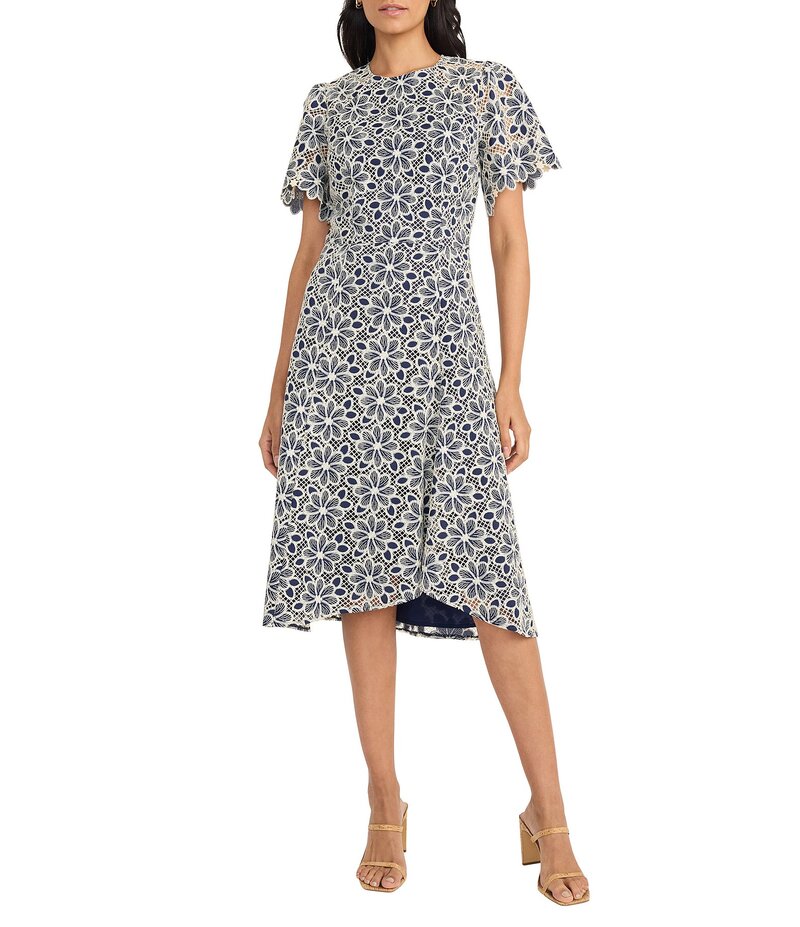 マギーロンドン レディース トップス ワンピース A ライン ミディワンピース フラワー柄 ミディ レース フラワー Maggy London Round Neck Flutter Sleeve Floral Lace A-Line Midi Dress Navy/Cream クリーム