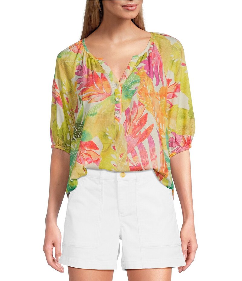 トッミーバハマ レディース トップス シャツ Vネック プリント Tommy Bahama Tropicana Isle Printed Woven Split V-Neck Short Puff Sleeves Top White ホワイト