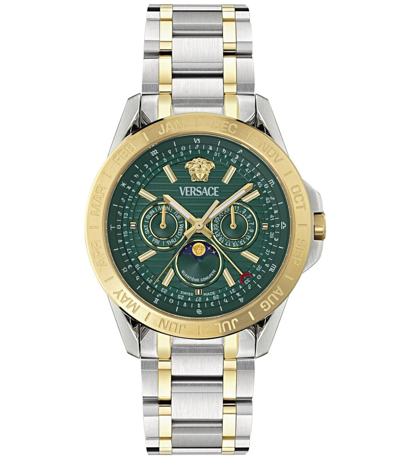 ヴェルサーチ レディース アクセサリー 腕時計 Tシャツ Versace Men's V-Galaxy Moonphase Chronograph Two Tone Stainless Steel Bracelet Watch Two Tone/Green グリーン
