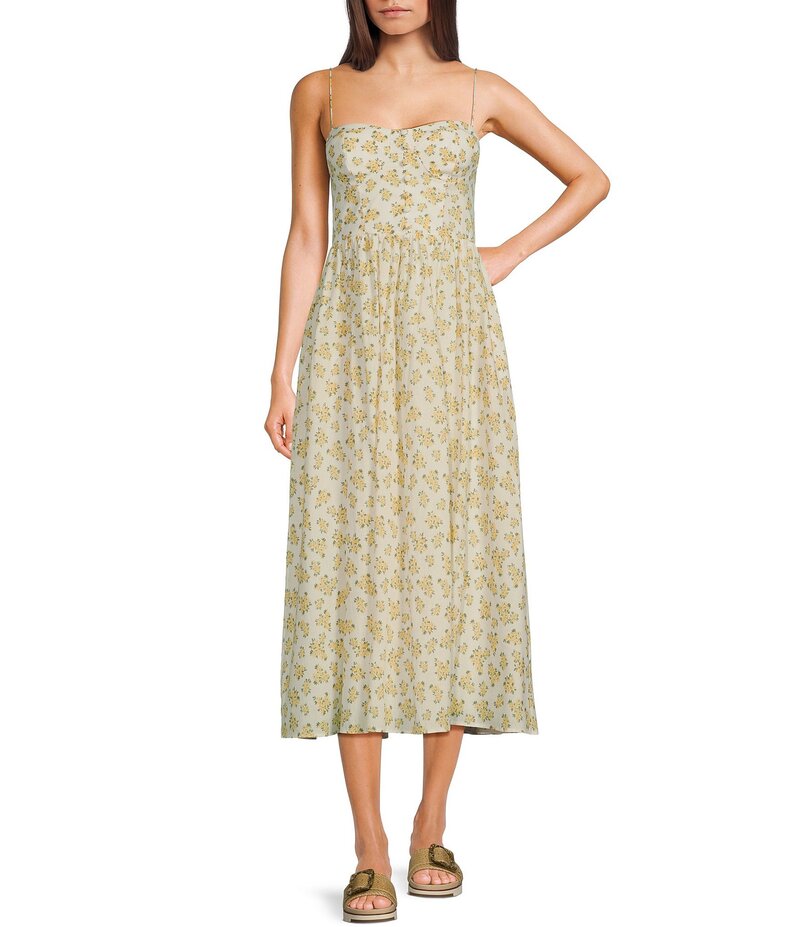 ビーダーリン レディース トップス ワンピース ミディワンピース フラワー柄 プリント ミディ フラワー B. Darlin Floral Print Sweetheart Neck Spaghetti Strap Bustier Shirred Midi Dress Off White/Yellow オフホワイト