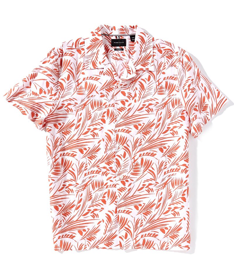 ペリーエリス メンズ トップス シャツ プリント コットン リネン Perry Ellis Linen Cotton Abstract Leaf Print Short Sleeve Woven Camp Shirt Burnt Sienna