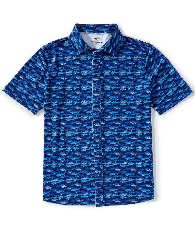 ジョンストンアンドマーフィー メンズ トップス シャツ プリント Johnston \u0026 Murphy XC4 Performance Stretch Shark Print Short Sleeve Woven Shirt Navy ネイビー