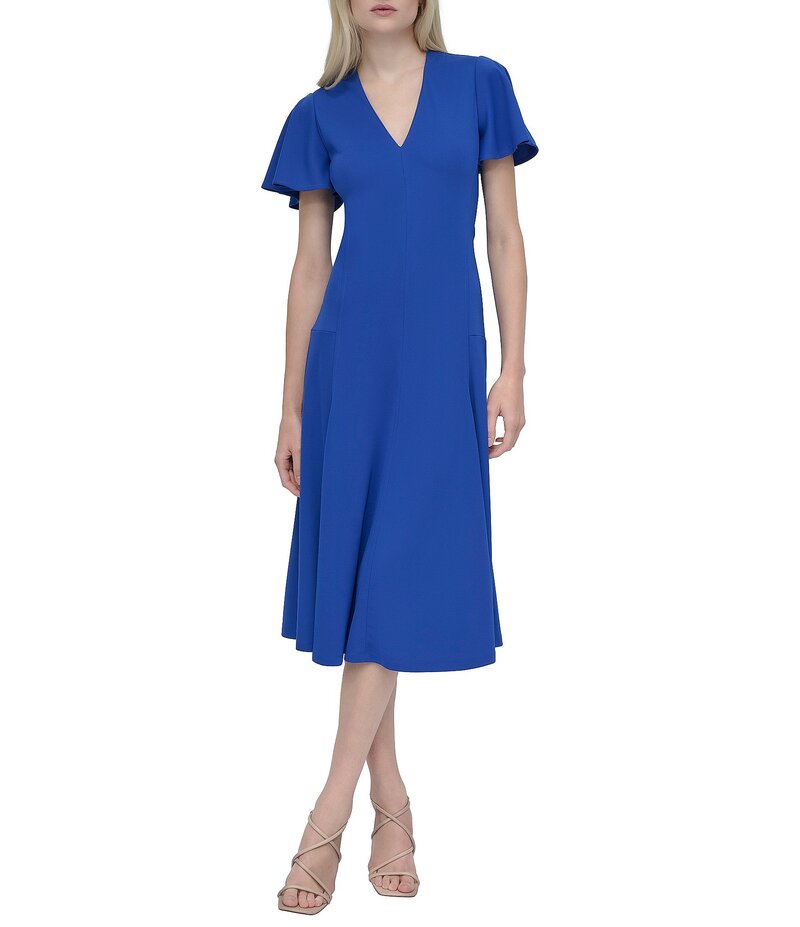 ダナキャラン レディース トップス ワンピース Vネック ミディワンピース ミディ ジャージー DKNY by Donna Karan Matte Jersey V Neck Short Sleeve Fit and Flare Midi Dress Atlantic Blue ブルー｜ReVida 店