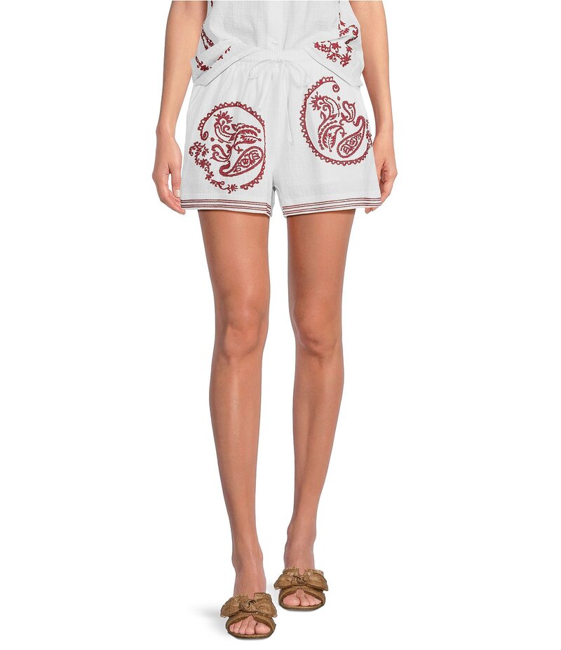 レバ レディース ボトムス ハーフパンツ・ショーツ ショートパンツ 刺繍 Reba Amber Textured Woven Coordinating Paisley Embroidered Shorts White ホワイト