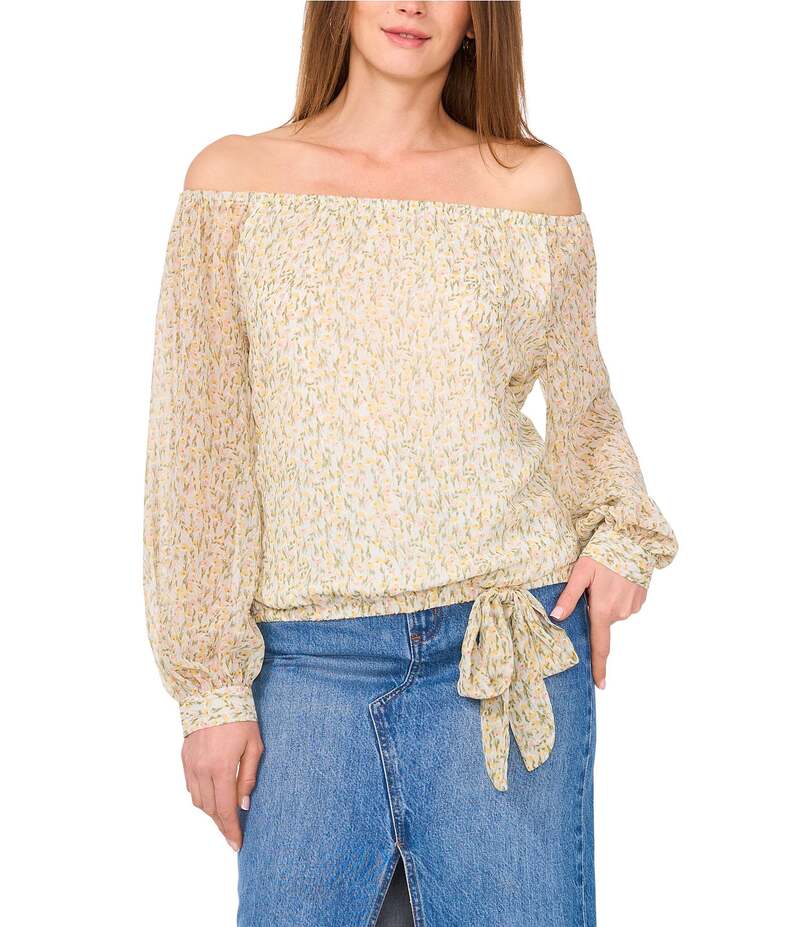 ヴィンスカムート レディース トップス シャツ バルーンスリーブ フラワー柄 プリント ブラウス フラワー Vince Camuto Floral Print Off-The-Shoulder Long Balloon Sleeve Blouse Calm Grey グレー