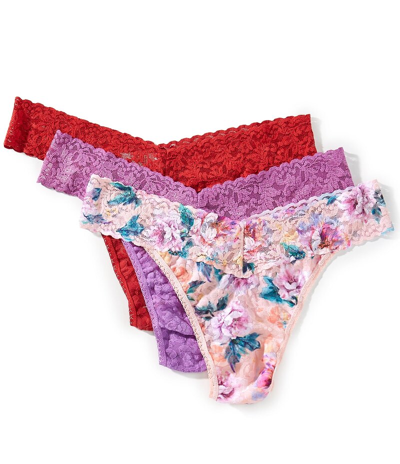 ハンキーパンキー レディース アンダーウェア パンツ Hanky Panky Original Rise Thongs 3-Pack Merlot/Peach/Buy Myself Flowers ピーチ