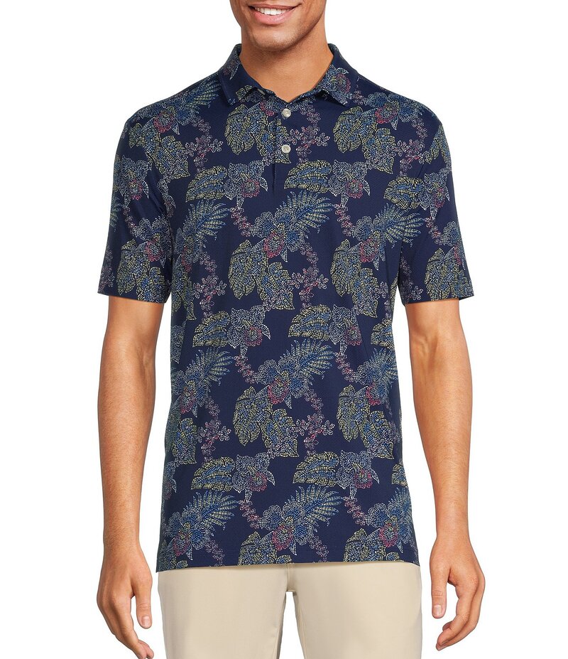 カリビアン メンズ トップス シャツ ポロシャツ プリント Caribbean Neon Leaf Print Performance Stretch Short Sleeve Polo Shirt Deep Blue ブルー