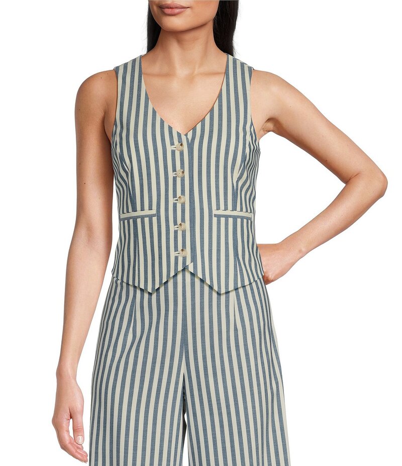 アレックスマリー レディース アウター ベスト Vネック リネン Alex Marie Brooke V-Neck Stretch Linen Blend Button Front Coordinating Vest Blue Stripe ブルー
