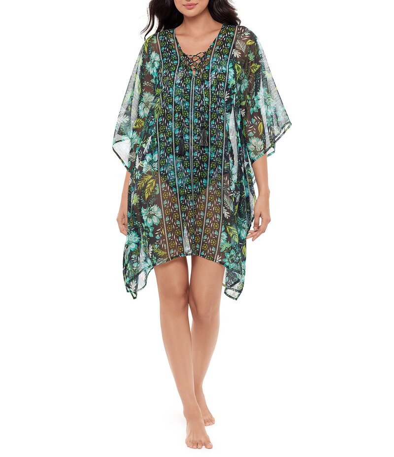 ミラクルスーツ レディース トップス ワンピース セミシアー Vネック ジョーゼット シアー Miraclesuit Florica Semi Sheer Georgette V-Neck Caftan Swim Cover-Up Black/Multi ブラック｜ReVida 店