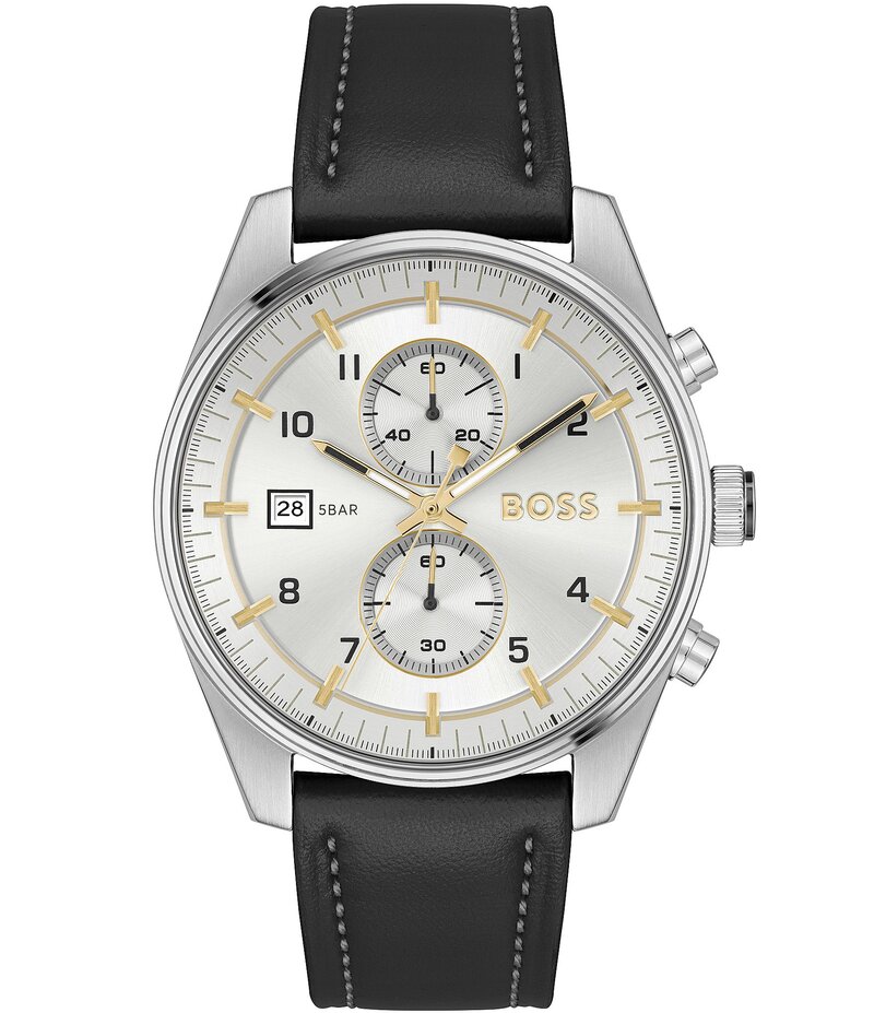 ヒューゴボス レディース 佩び物 ウォッチ なめし革 Hugo Boss Men\u0027s Skytraveller Chronograph Leather Strap Watch Black 黒いこと