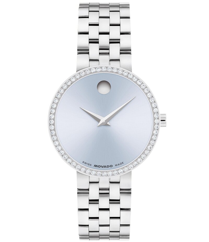 モバド レディース アクセサリー 腕時計 Tシャツ Movado Women Museum Classic Lab Grown Diamond Bezel Quartz Analog Stainless Steel Bracelet Watch Silver/Light Blue ブルー