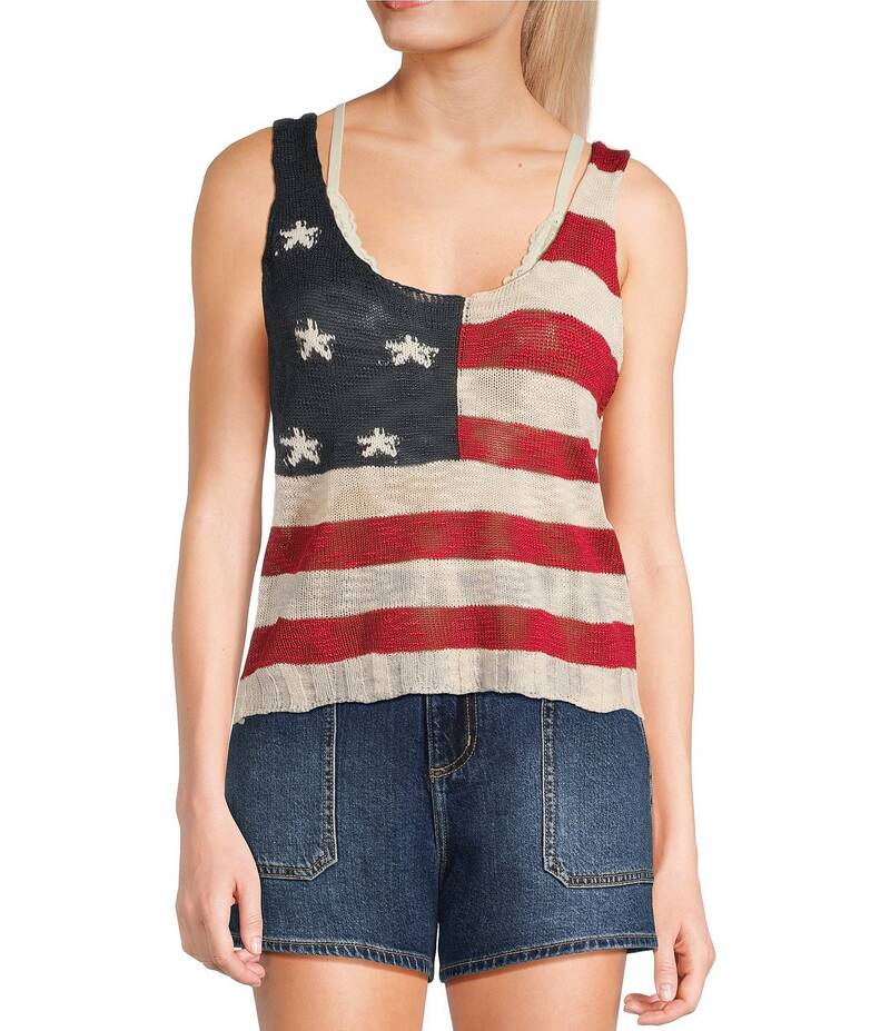 アンジー レディース トップス シャツ ノースリーブ ニット Angie Sleeveless American Flag Knit Tank Top Red-Blue ブルー