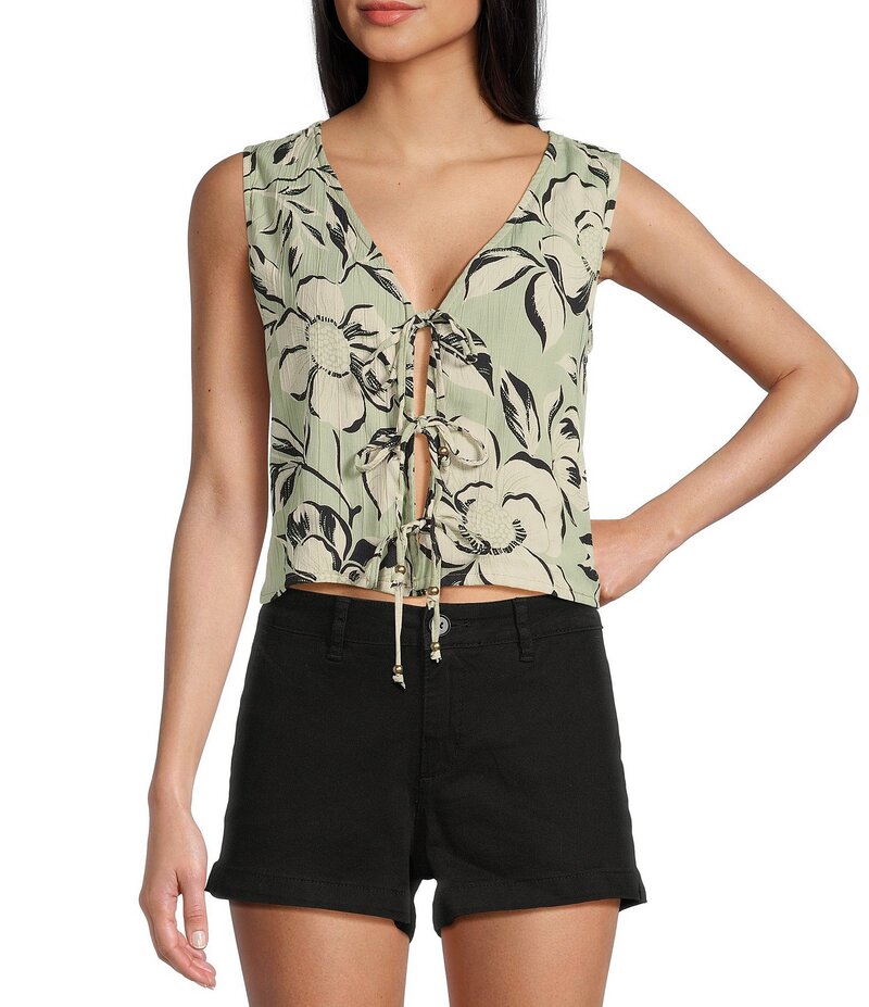 アンジー レディース トップス シャツ Vネック フラワー柄 ノースリーブ フラワー Angie Sleeveless V-Neck Floral Triple Tie Top Sage セージ