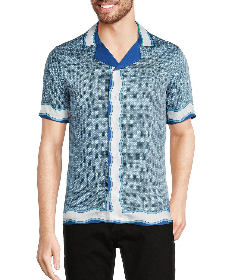 ムラノ メンズ トップス シャツ スリムフィット プリント トール レース Murano Big \u0026 Tall Shape of Water Collection Slim Fit Placed Print Short Sleeve Woven Camp Shirt Admiral Blue ブルー