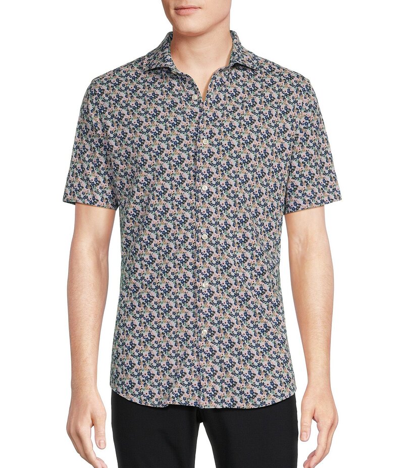 ダニエル クレミュ メンズ トップス シャツ フラワー柄 プリント コート ジャージー フラワー Daniel Cremieux Signature Label Floral Printed Jersey Jacquard Short Sleeve Coatfront Shirt Light Blue ブルー