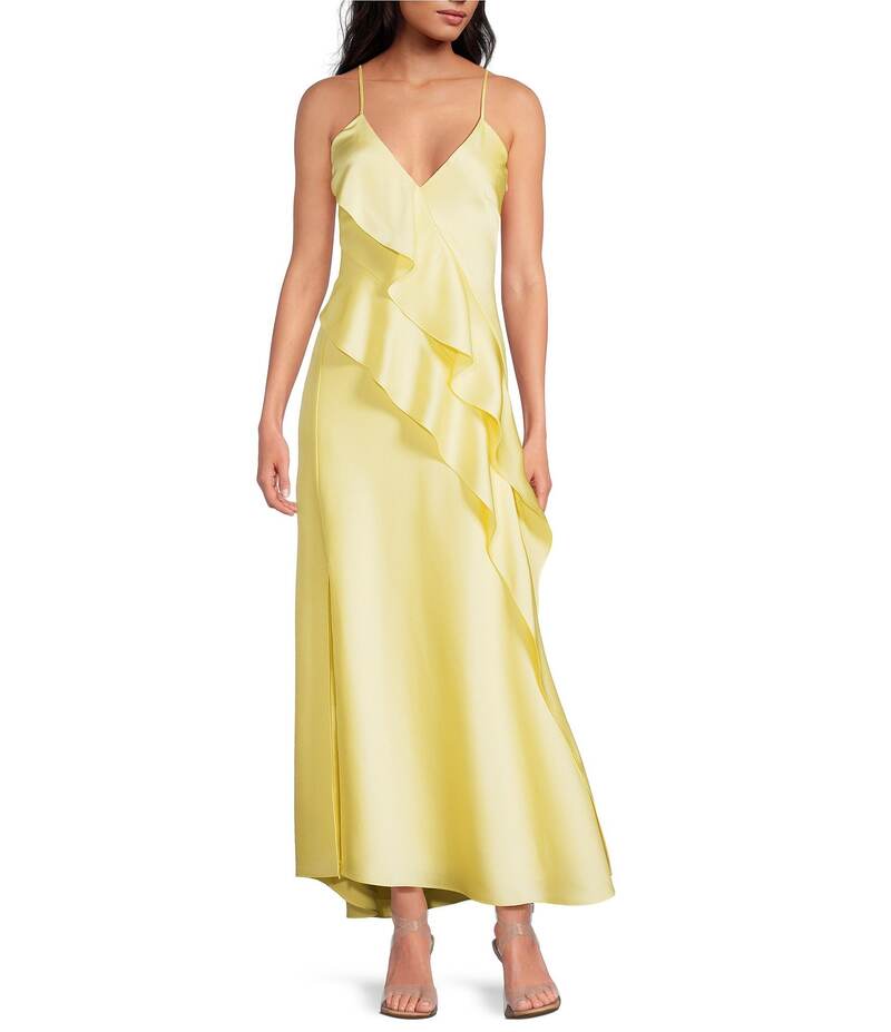 ジャンビニ レディース トップス シャツ Vネック ドレープ フリル サテン ノースリーブ Gianni Bini Quinn Ruffle Draped V-Neck Sleeveless Satin Dress Butter Yellow イエロー｜ReVida 店