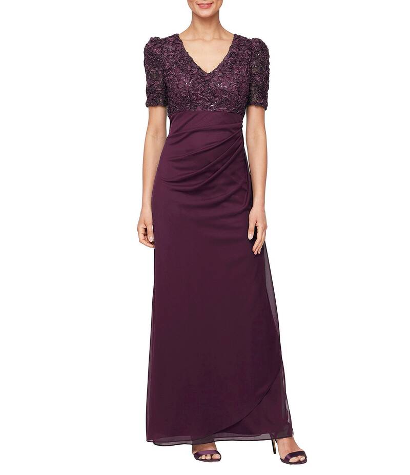 アレックスイブニングス レディース トップス シャツ Vネック Alex Evenings Short Sleeve V-Neck Soutache Bodice Cascade Ruddle Dress Deep Plum プラム|ReVida 店