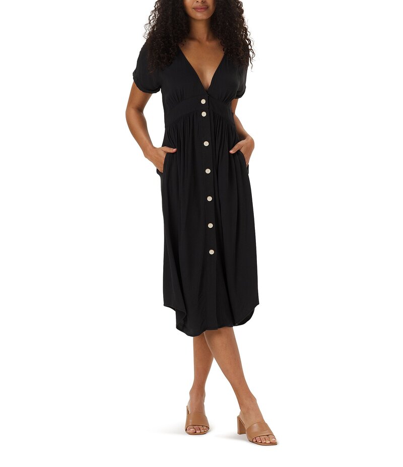 ノーマルブランド レディース トップス ワンピース ミディワンピース ミディ The Normal Brand V Neckline Short Sleeve Button Front Midi Dress Black ブラック｜ReVida 店