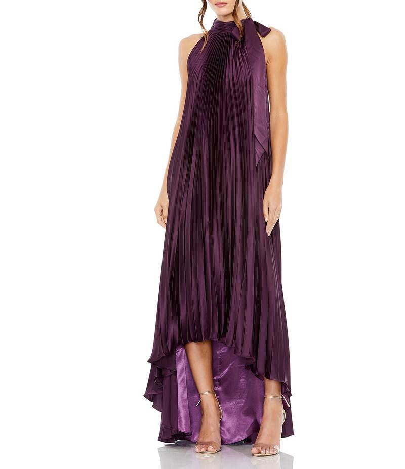 マックダガル レディース トップス ワンピース プリーツ サテン ノースリーブ ホルター Mac Duggal Satin Pleated Halter Neck Sleeveless High-Low Hem Caftan Gown Plum プラム|ReVida 店