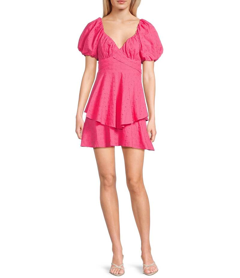 ミッドナイト ドール レディース トップス ワンピース ティアード ミニワンピース ミニ Midnight Doll Eyelet Puff Short Sleeve Tie Back Tiered Mini Dress Hot Pink ピンク