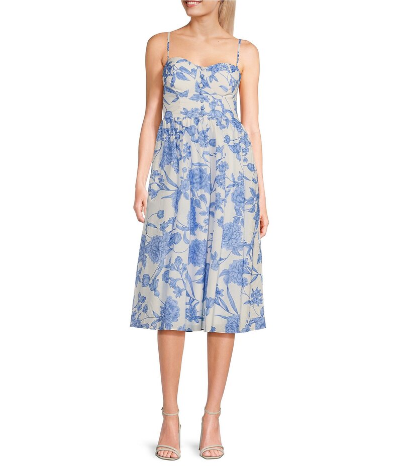ビーダーリン レディース トップス ワンピース ミディワンピース ミディ B. Darlin Spaghetti Strap Bustier Sweetheart Neck Bodice Button Trim Midi Dress Off White/Blue Floral オフホワイト 18,186円