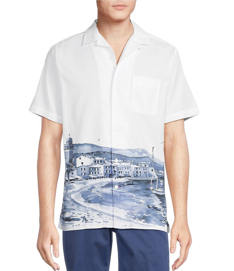 ダニエル クレミュ メンズ トップス シャツ プリント キャップ ケープ Cremieux Blue Label St. Tropez Short Sleeve Camp Landscape Print Woven Shirt White ホワイト|ReVida 店