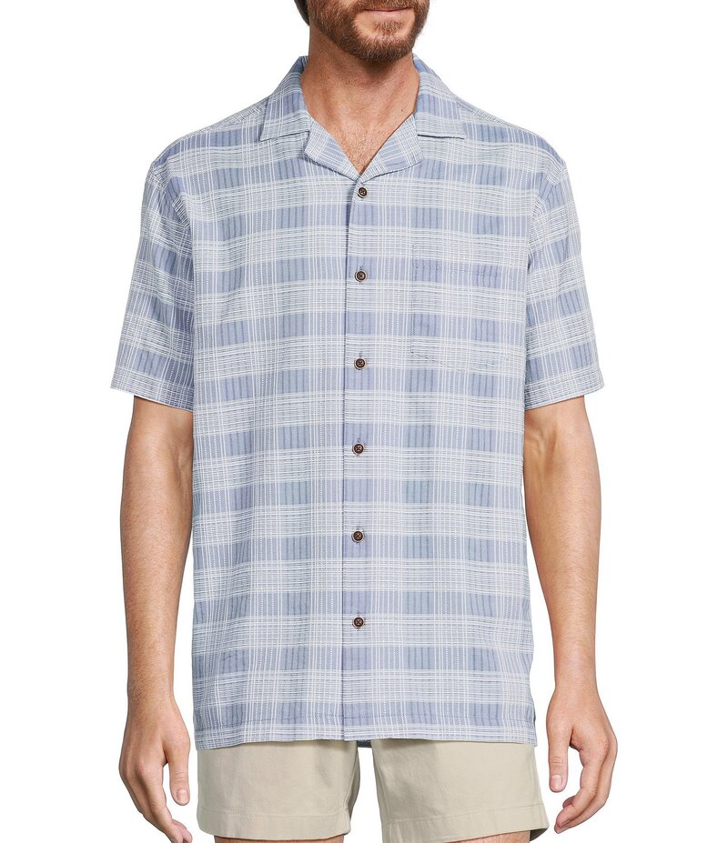 ラウンドトゥリーアンドヨーク メンズ トップス シャツ Roundtree & Yorke Short Sleeve Textured Plaid Sport Shirt Blue ブルー