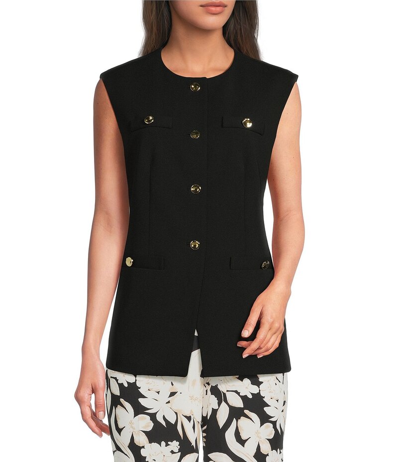 アンクライン レディース アウター より良い Anne Klein Four Button Vest Urban Stretch Vest Anne Black 黒いこと コート・ジャケット-レディースファッション