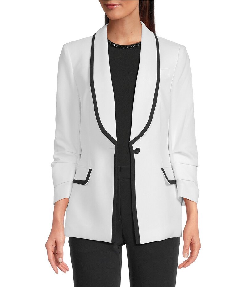 カール ラガーフェルド レディース アウター コート ジャケット KARL LAGERFELD PARIS Peak Lapel 3/4 Sleeves Framed Jacket Soft White/Black ホワイト