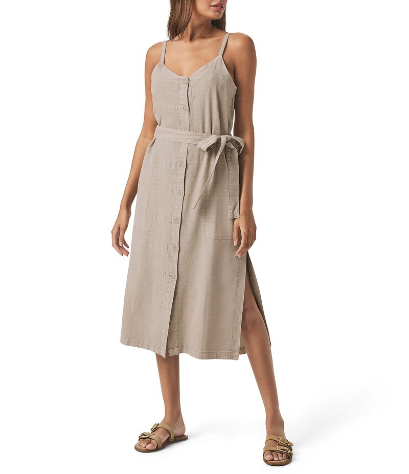 スプレンディット レディース トップス ワンピース Vネック A ライン ミディワンピース ミディ ノースリーブ ニット リネン Splendid Amanda Linen Blend Knit V-Neck Sleeveless Belted A-Line Midi Dress Fawn