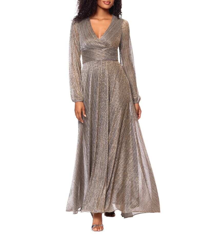 ベッツィアンドアダム レディース トップス ワンピース Vネック トール Betsy & Adam Metallic Crinkle V-Neck Long Sleeve Wrap Bodice Gown Mocha/Gold モカ