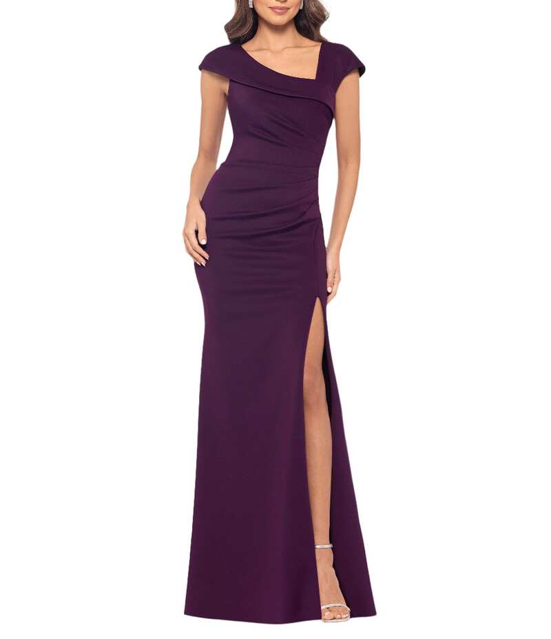 エスケープ レディース トップス ワンピース クレープ アシンメトリー ギャザー スキューバ キャップ Xscape Asymmetrical Neckline Cap Sleeve Ruched Scuba Crepe Sheath Gown Plum プラム｜ReVida 店