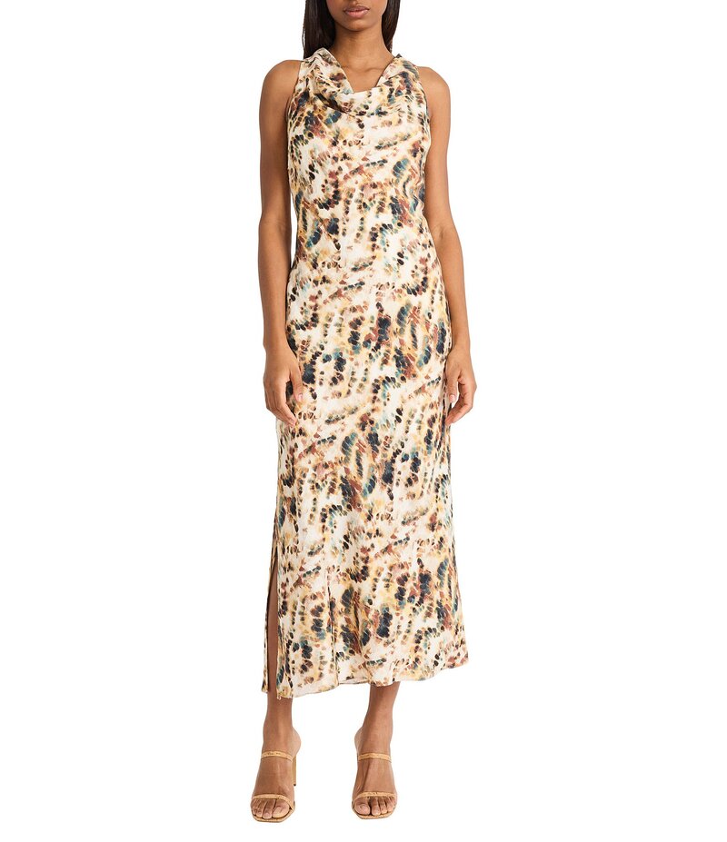ダナキャラン レディース トップス 衣装 midi衣装 刷り上げる midi ノースリーブ Donna Karan Printed Woven Cowl Neck Sleeveless Column Midi Dress White/Brown 白いこと