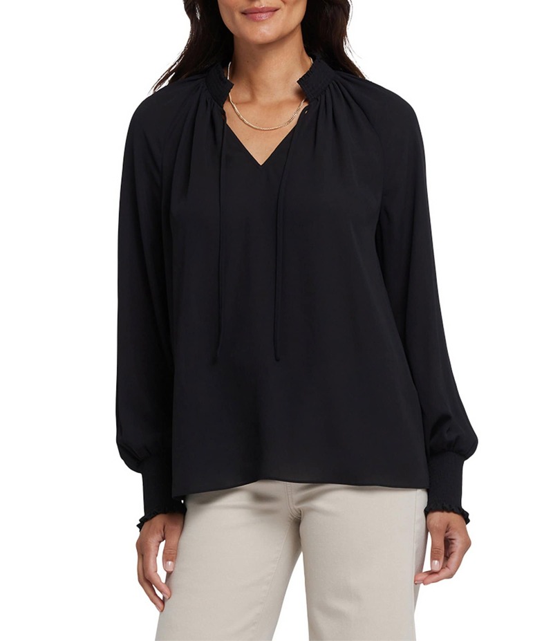 エヌワイディージェイ レディース トップス シャツ Vネック シャーリング ブラウス NYDJ Gemma Split V-Neck Smocked Long Sleeve Curved Hem Blouse Black ブラック