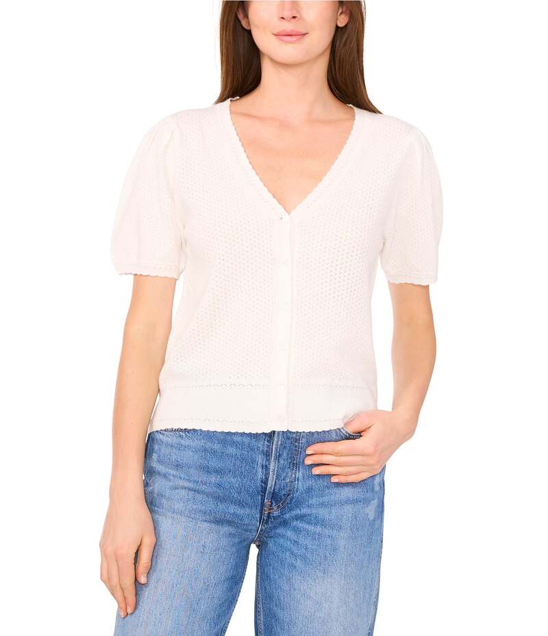 セセ レディース アウター ニット・セーター Vネック カーディガン ニット CeCe Pointelle Knit V-Neck Short Puff Sleeve Cardigan Antique White ホワイト