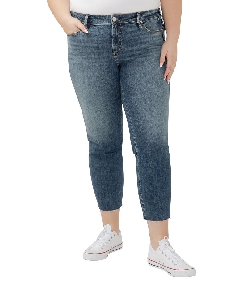 シルバー ジーンズ レディース ボトムス デニムパンツ プラスサイズ アンクル Silver Jeans Co. Plus Size Elyse Ankle Straight Frayed Hem Jeans Serenade