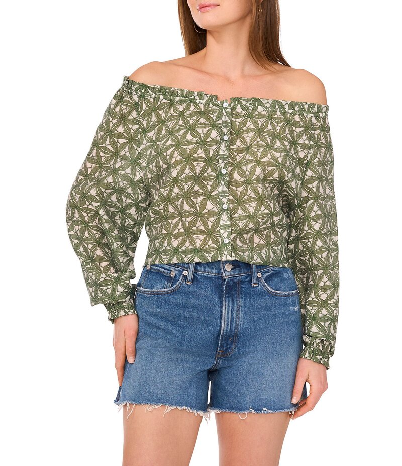 ヴィンスカムート レディース トップス シャツ プリント ブラウス Vince Camuto Woven Printed Off-The-Shoulder Long Sleeve Button Front Blouse Dark Green グリーン