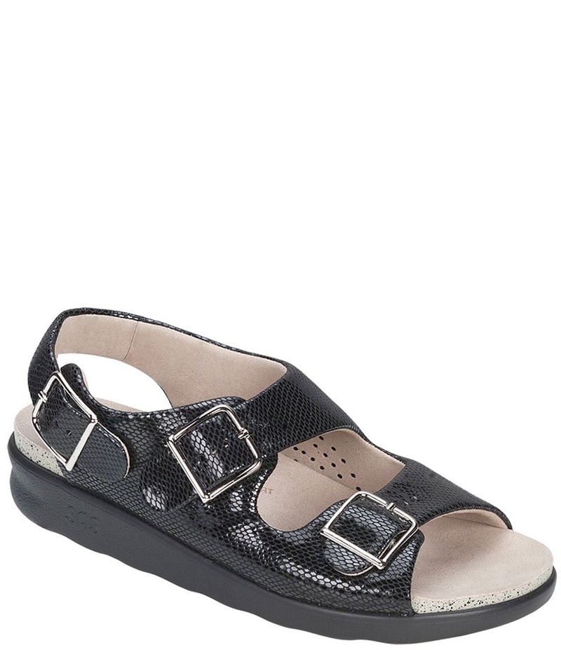サス レディース シューズ パンプス プリント サンダル レザー SAS Relaxed Snake Print Leather Buckle Strap Sandals Black Snake Print ブラック｜ReVida 店