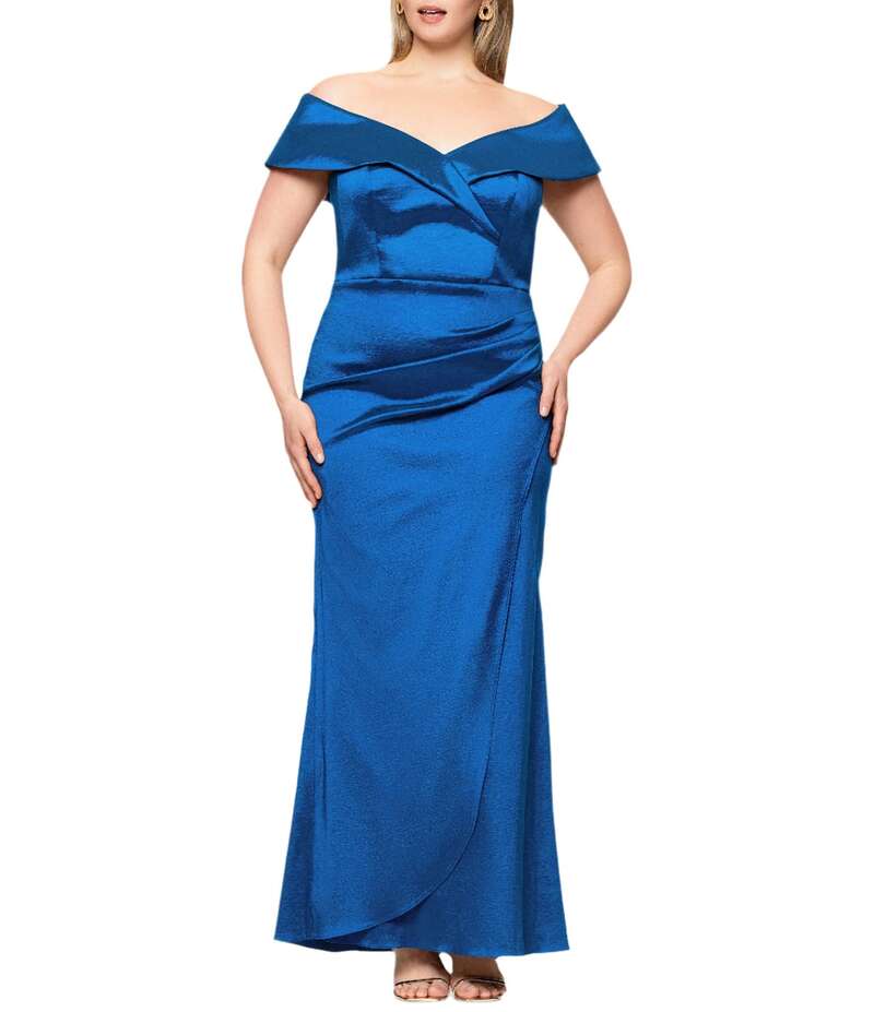 エスケープ レディース トップス ワンピース プラスサイズ Xscape Plus Size Off-The-Shoulder Sweetheart Neck Taffeta Mermaid Gown Sapphire サファイア