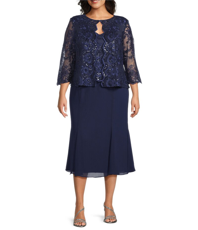 アレックスイブニングス レディース トップス ワンピース チュール シフォン プラスサイズ ジャケット Alex Evenings Plus Size Stretch Tulle Chiffon Jacket Dress Navy ネイビー｜ReVida 店