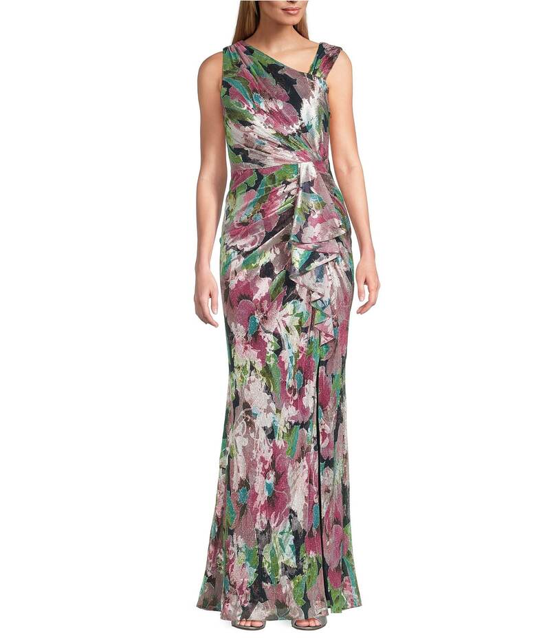 アドリアナ パペル レディース トップス ワンピース フラワー柄 プリント ノースリーブ フラワー Adrianna Papell Sleeveless Floral Print L-Neck Gown Navy Pink Multi ネイビー｜ReVida 店